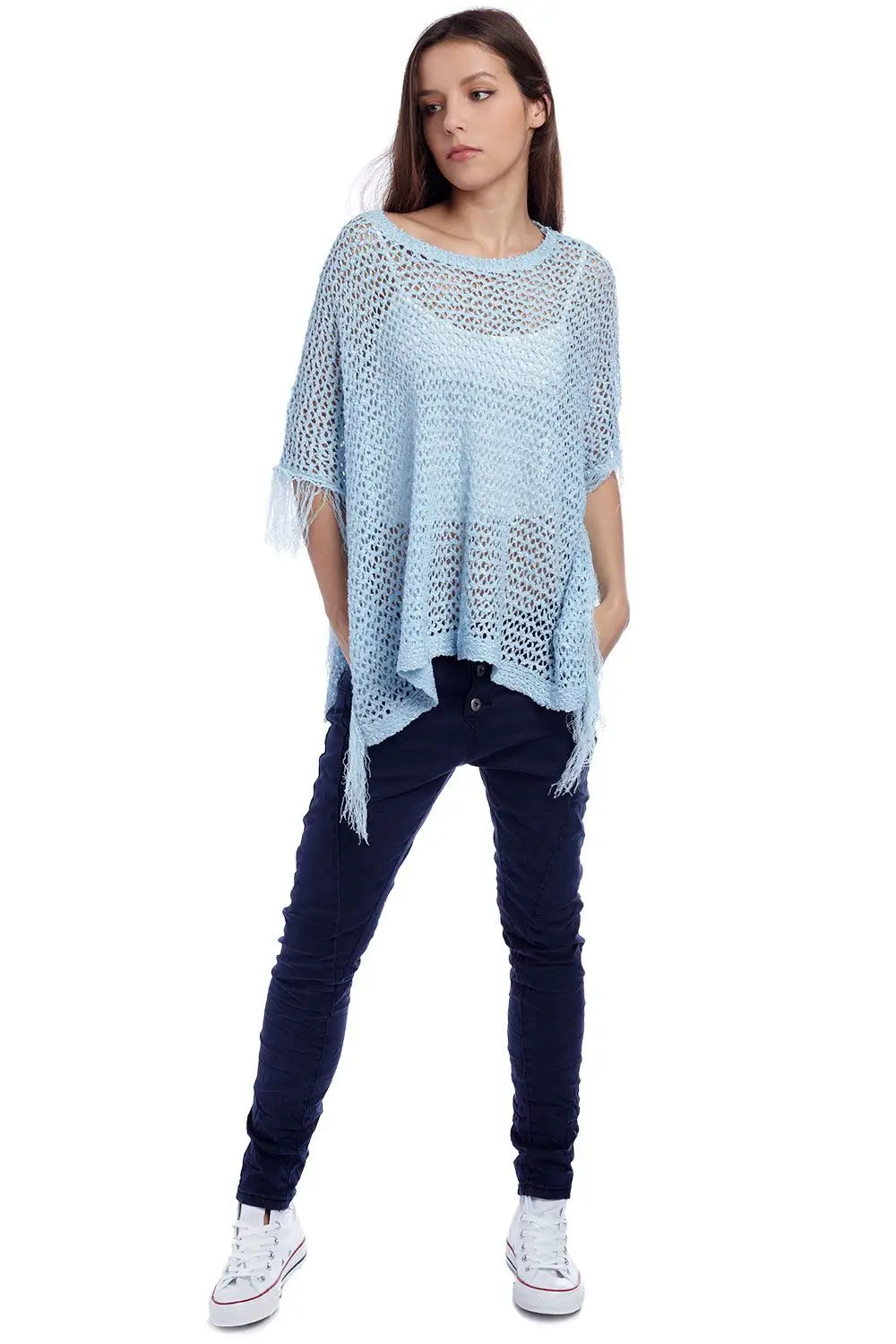 Cape style poncho avec franges bleu - One Size / bleu - Pulls