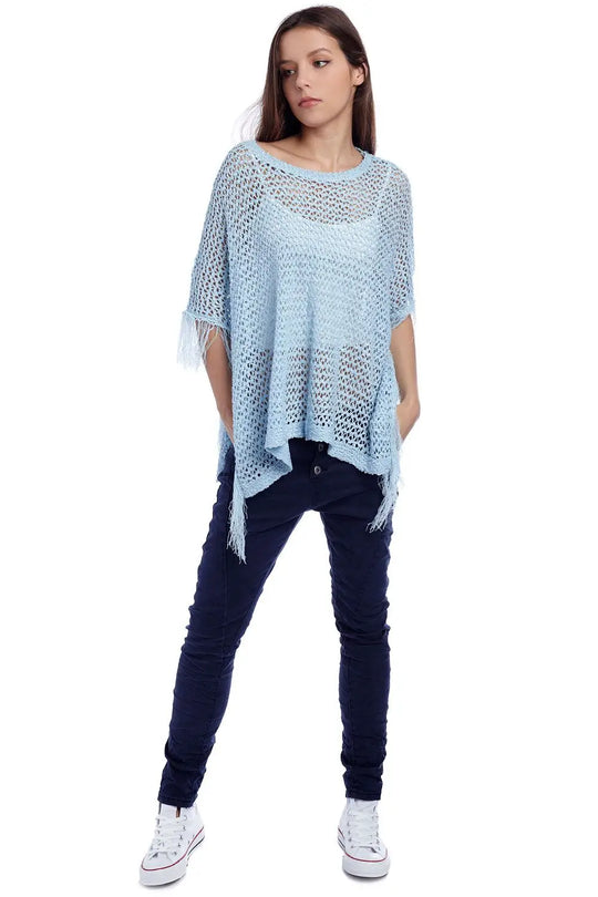 Cape style poncho avec franges bleu - One Size / bleu - Pulls