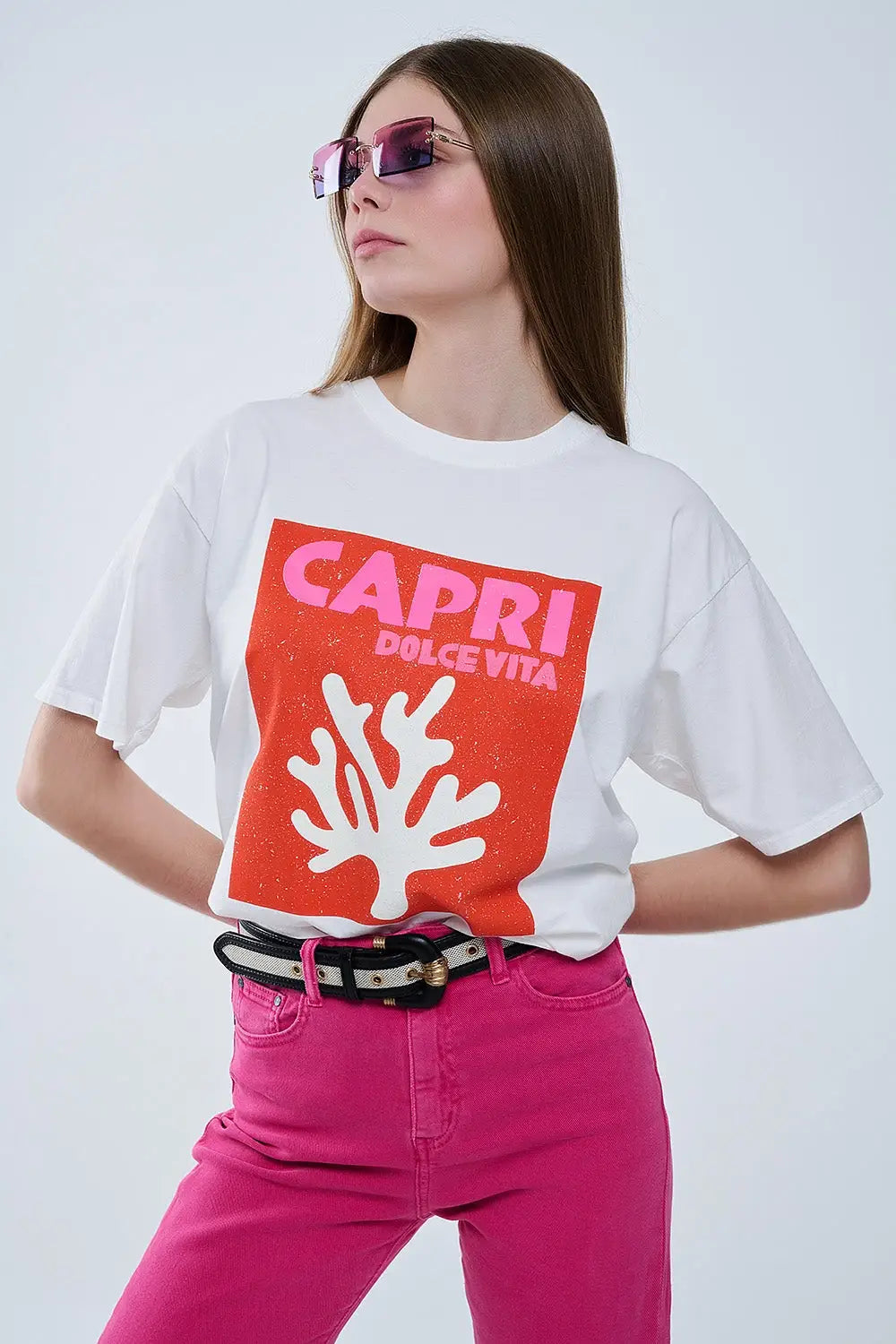 Capri La Dolce Vita T-shirt blanc à imprimé graphique - One Size / blanc - Tops