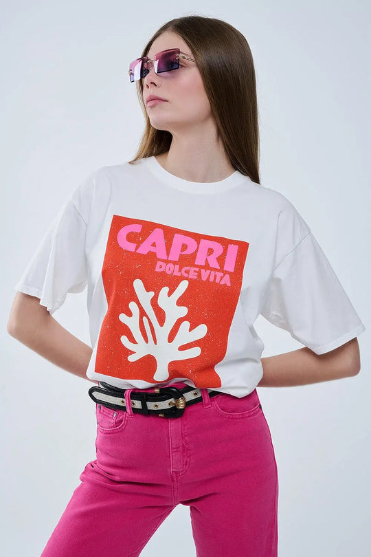 Capri La Dolce Vita T-shirt blanc à imprimé graphique - One Size / blanc - Tops