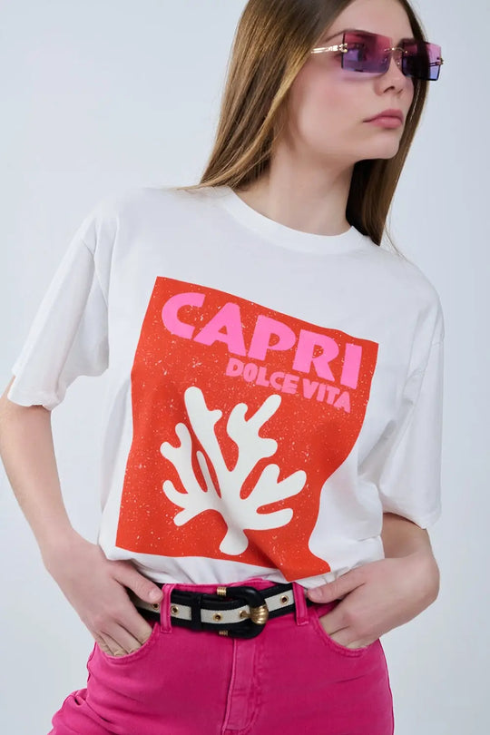 Capri La Dolce Vita T-shirt blanc à imprimé graphique - One Size / blanc - Tops