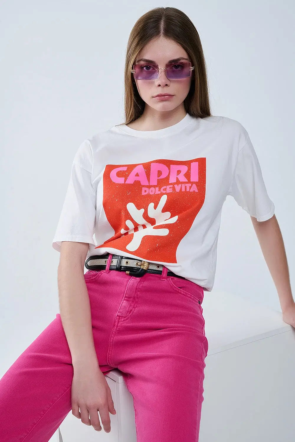 Capri La Dolce Vita White T-shirt With Graphic Print - One Size / White - Tops