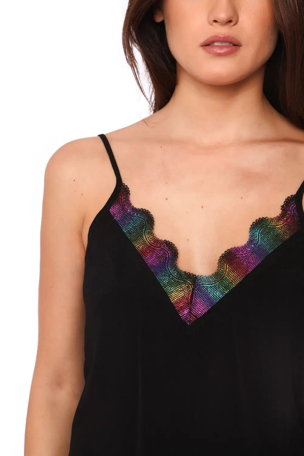 Caraco à bretelles noires avec cage multicolore - Tee-Shirt