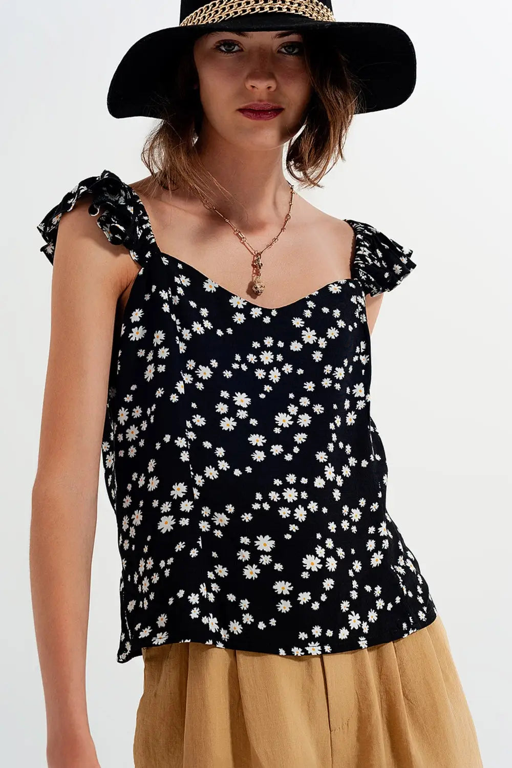 Caraco à imprimés petites fleurs avec bretelles à volants noir - Tops