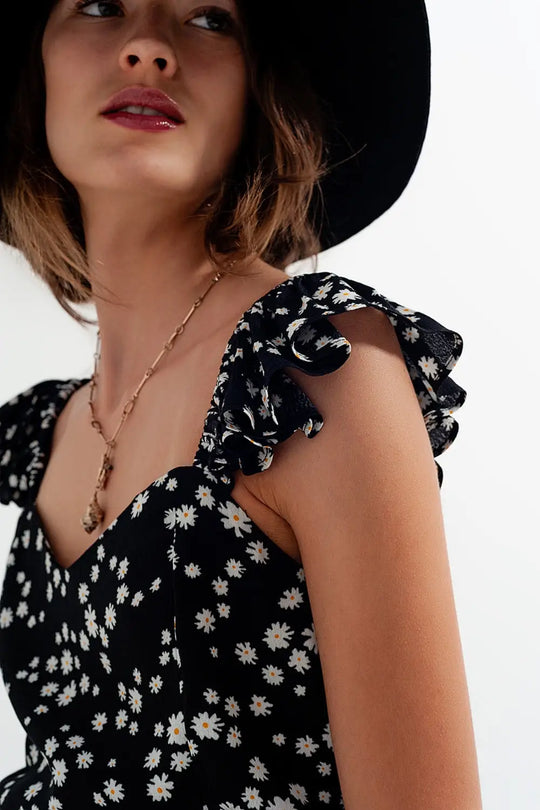 Caraco à imprimés petites fleurs avec bretelles à volants noir - Tops