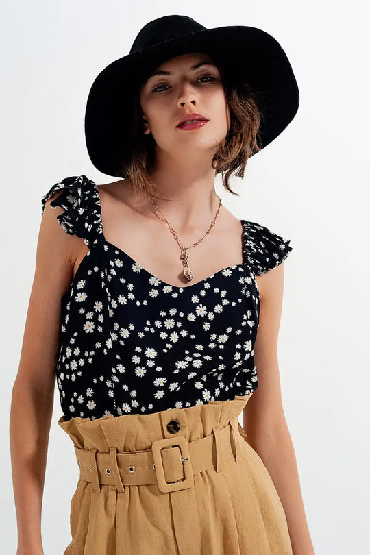 Caraco à imprimés petites fleurs avec bretelles à volants noir - Tops