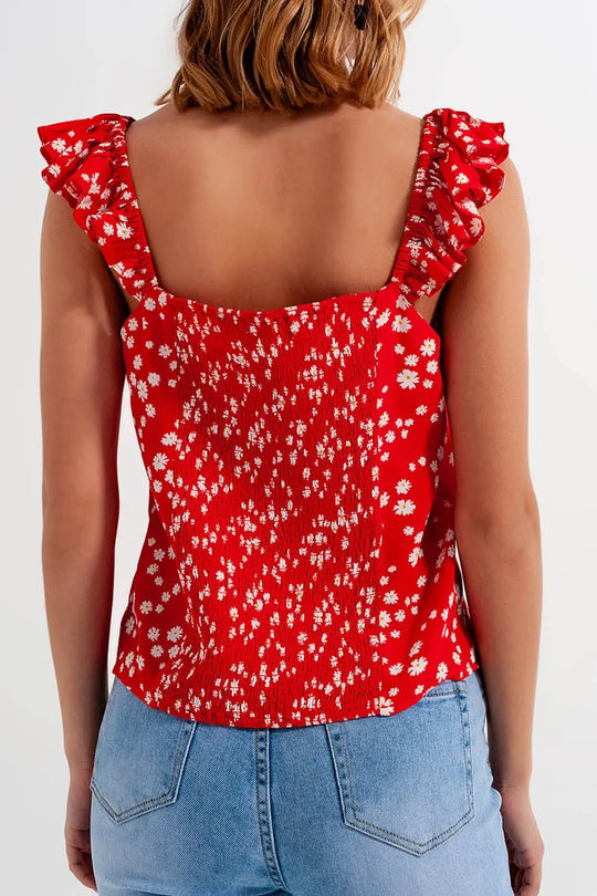 Caraco à imprimés petites fleurs avec bretelles à volants rouges - Tops