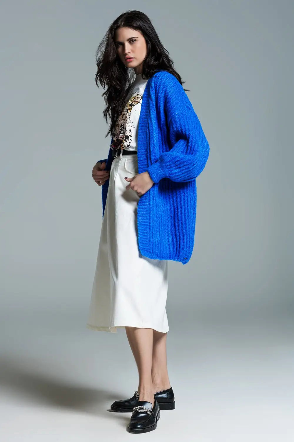 Cardigan à grosses côtes avec manches 3/4 en bleu royal - One Size / bleu - Pulls