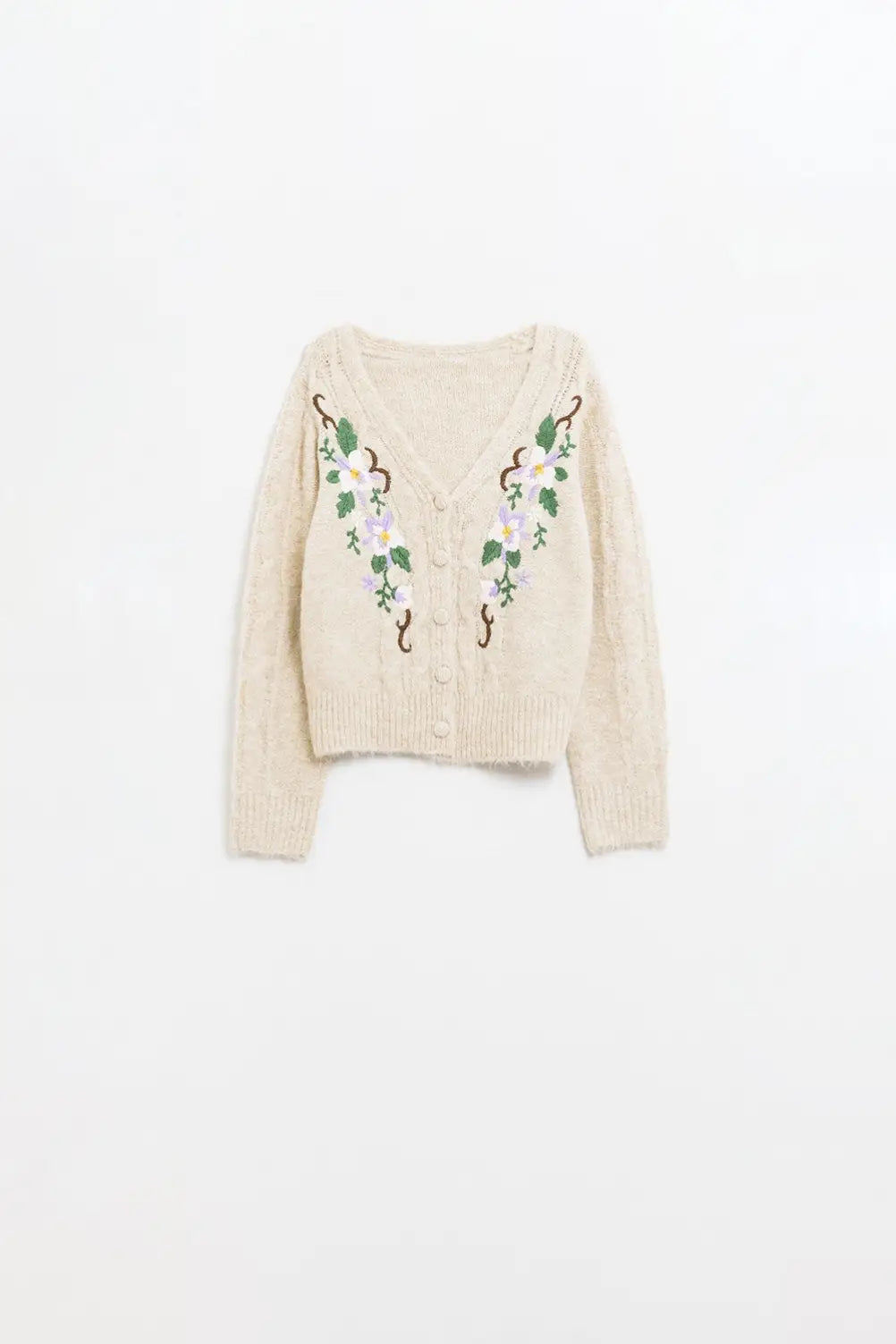 Q2 Cardigan beige en maille torsadée avec fleurs brodées