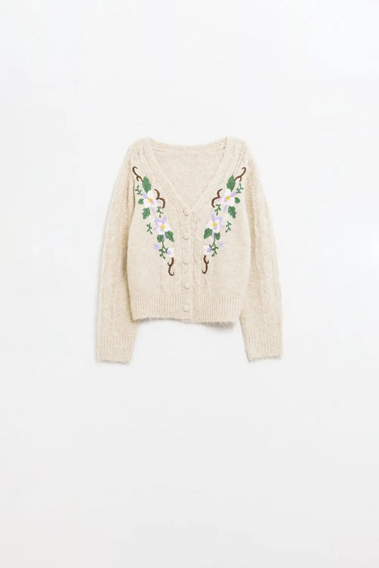 Q2 Cardigan beige en maille torsadée avec fleurs brodées