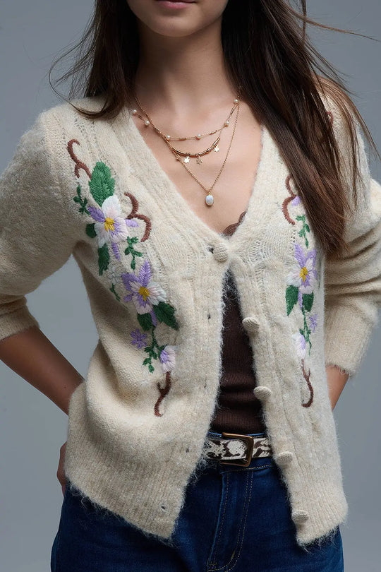Cardigan beige en maille torsadée avec fleurs brodées - One Size / beige