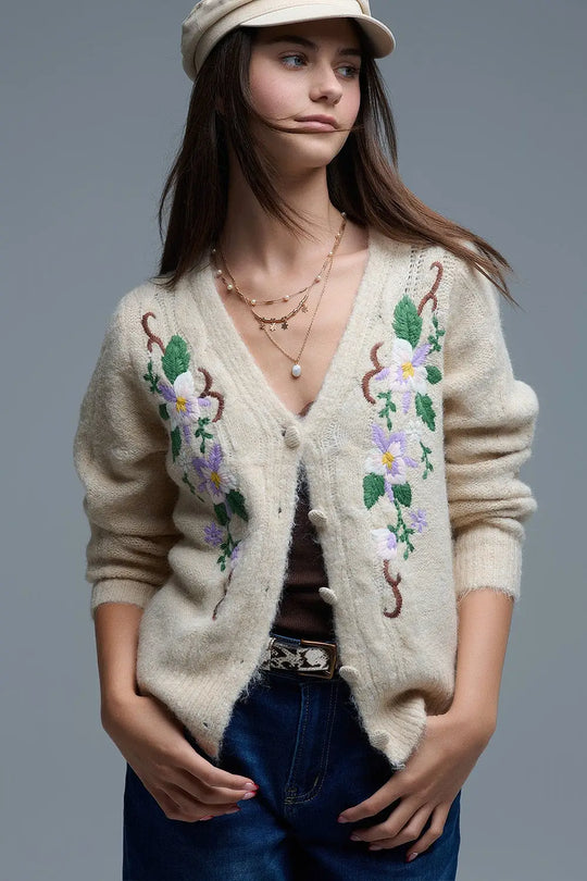 Cardigan beige en maille torsadée avec fleurs brodées - One Size / beige