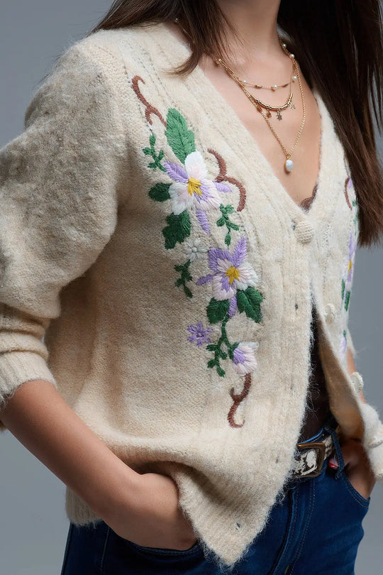 Cardigan beige en maille torsadée avec fleurs brodées - One Size / beige
