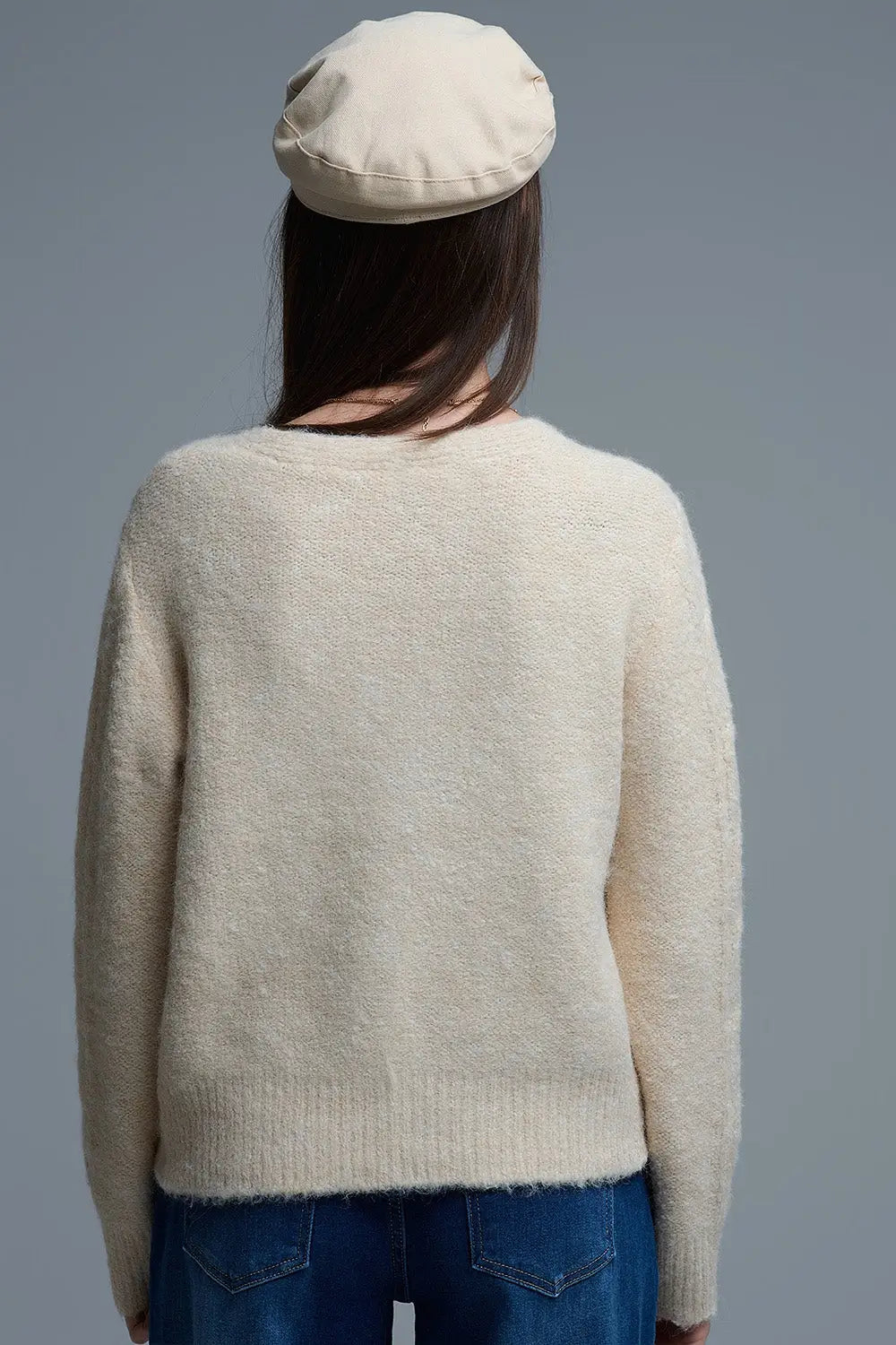 Cardigan beige en maille torsadée avec fleurs brodées - One Size / beige