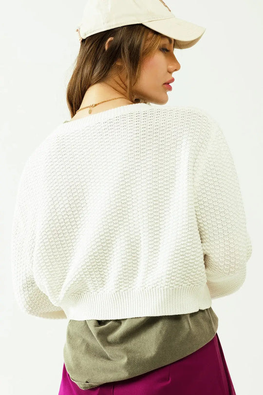 Cardigan blanc à manches longues avec fermeture à boutons et poches sur le devant - Pulls