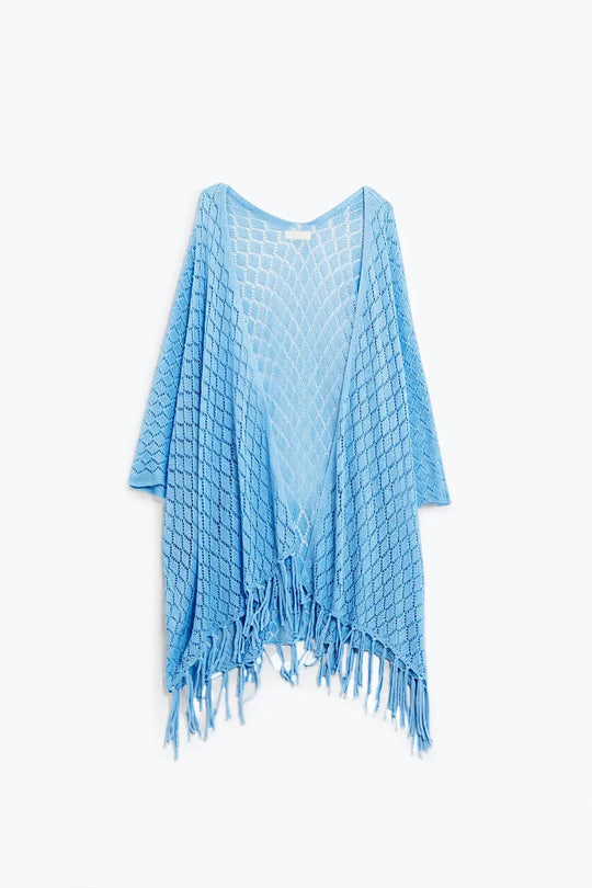 Cardigan bleu ouvert avec extrémités à franges et manches 3/4 - One Size / bleu - Pulls