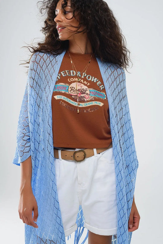 Cardigan bleu ouvert avec extrémités à franges et manches 3/4 - One Size / bleu - Pulls
