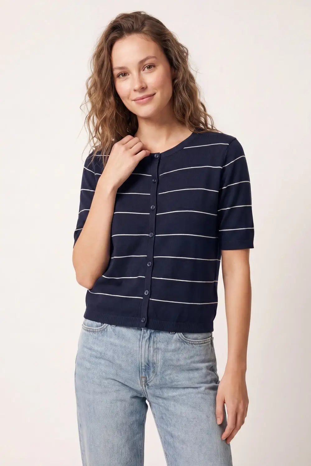 Cardigan boutonné à manches courtes en maille rayée bleu marine - One Size / bleu