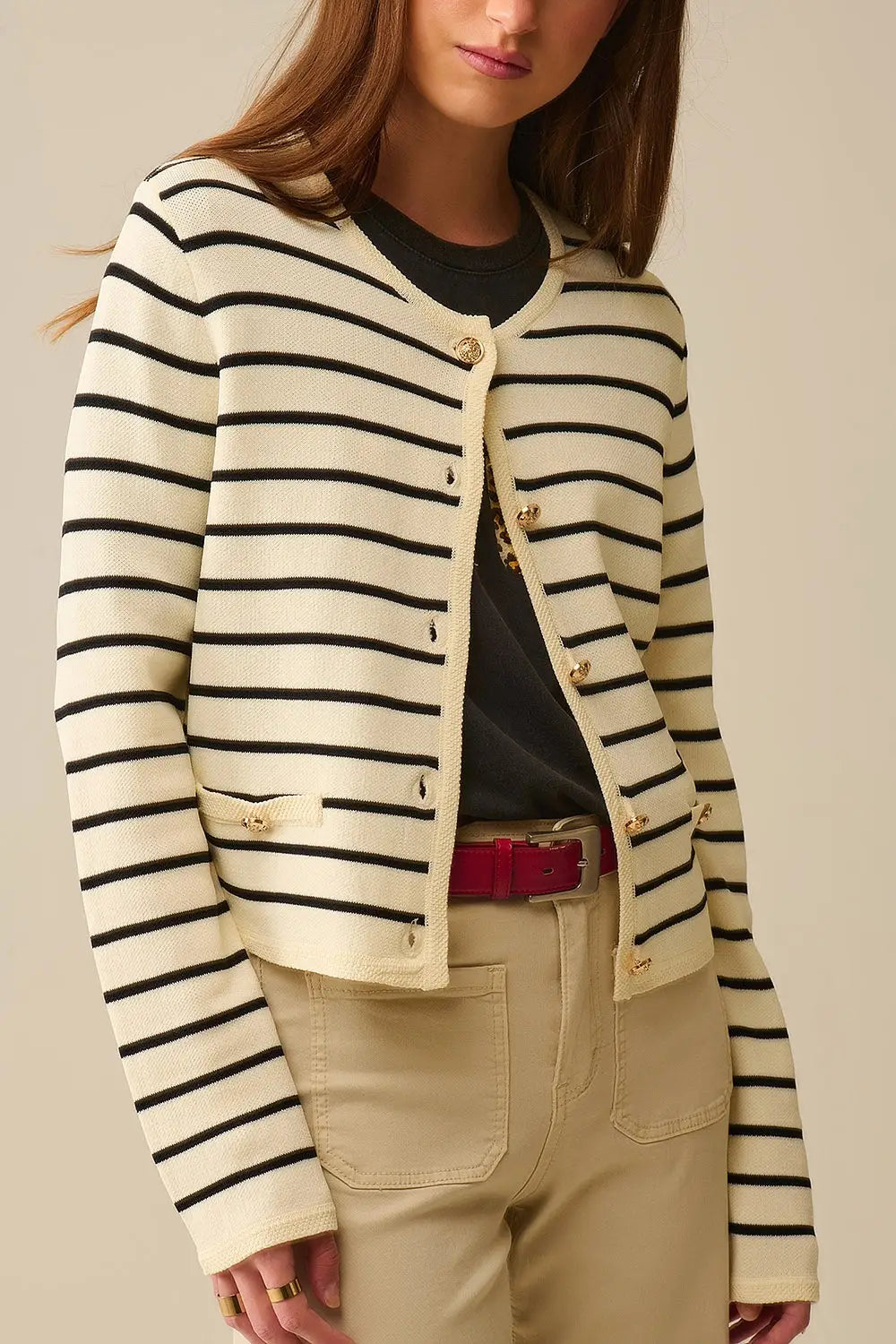 Cardigan crème à rayures noires et boutons dorés - One Size / blanc
