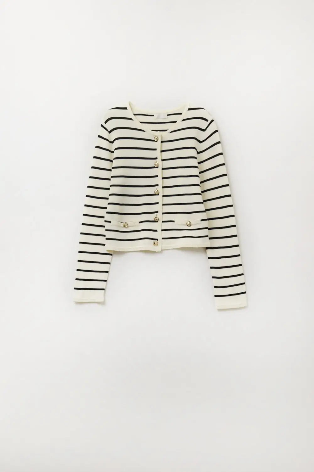 Q2 Cardigan crème à rayures noires et boutons dorés