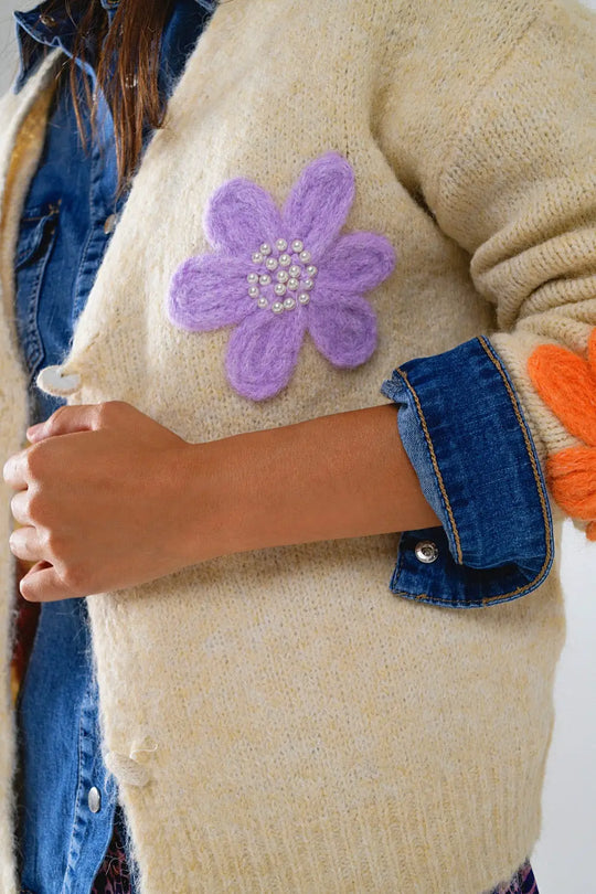 Cardigan crème avec fleurs brodées - One Size / blanc - Pulls
