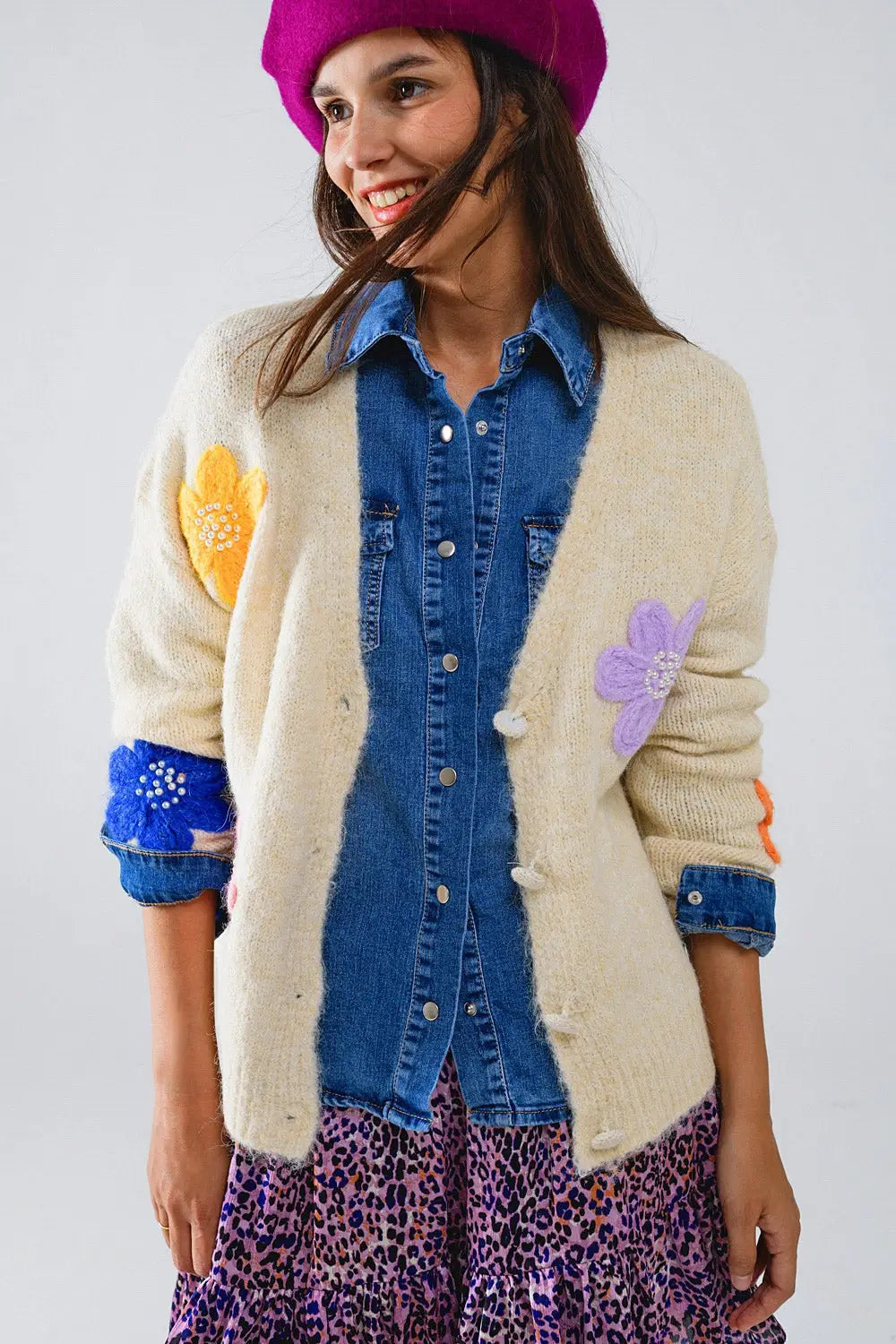 Cardigan crème avec fleurs brodées - One Size / blanc - Pulls