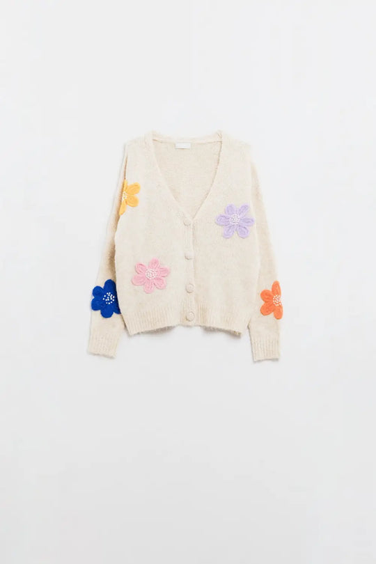 Cardigan crème avec fleurs brodées - One Size / blanc - Pulls