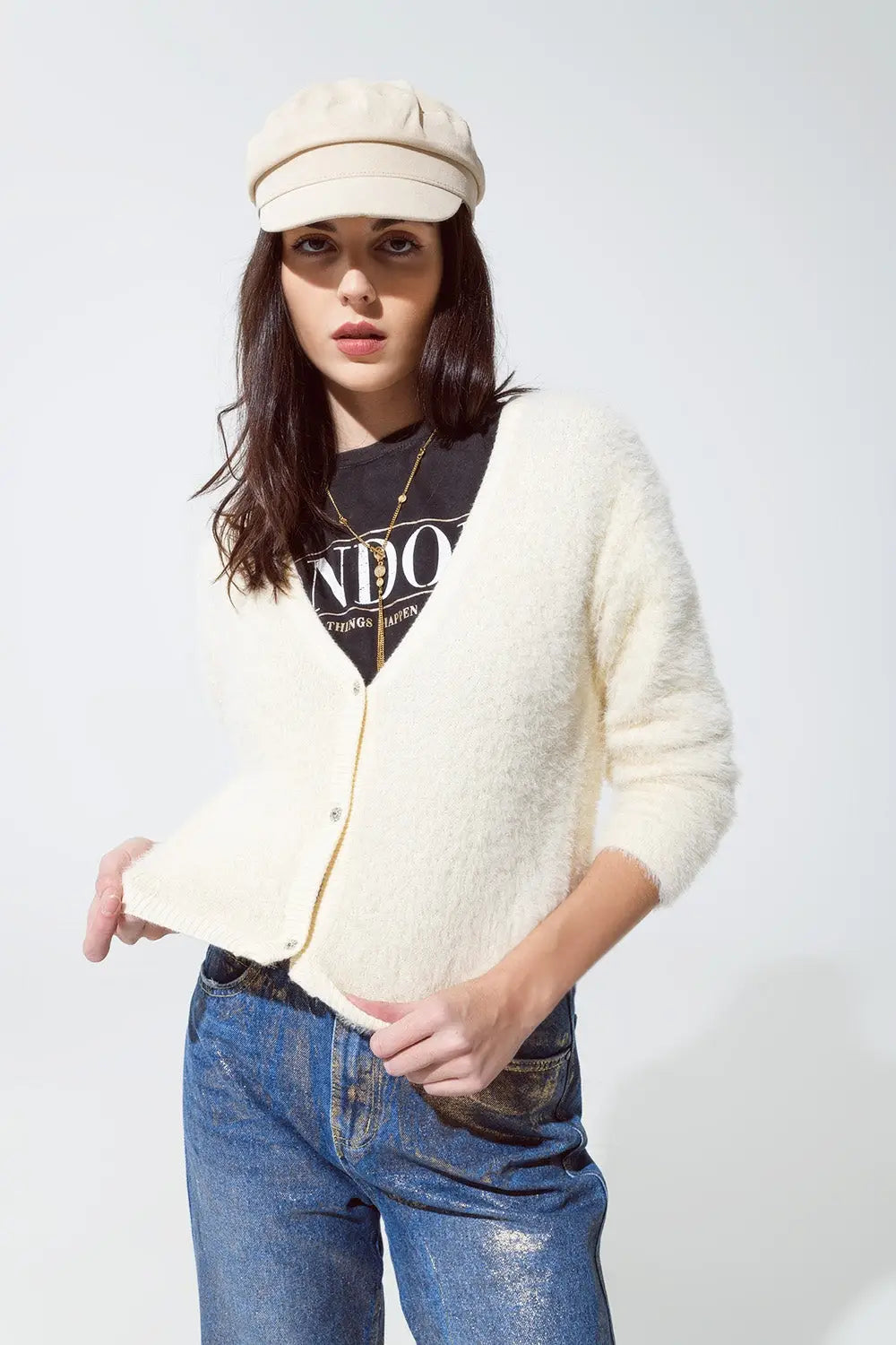 Cardigan creme en peluche et bas argentés - Pulls