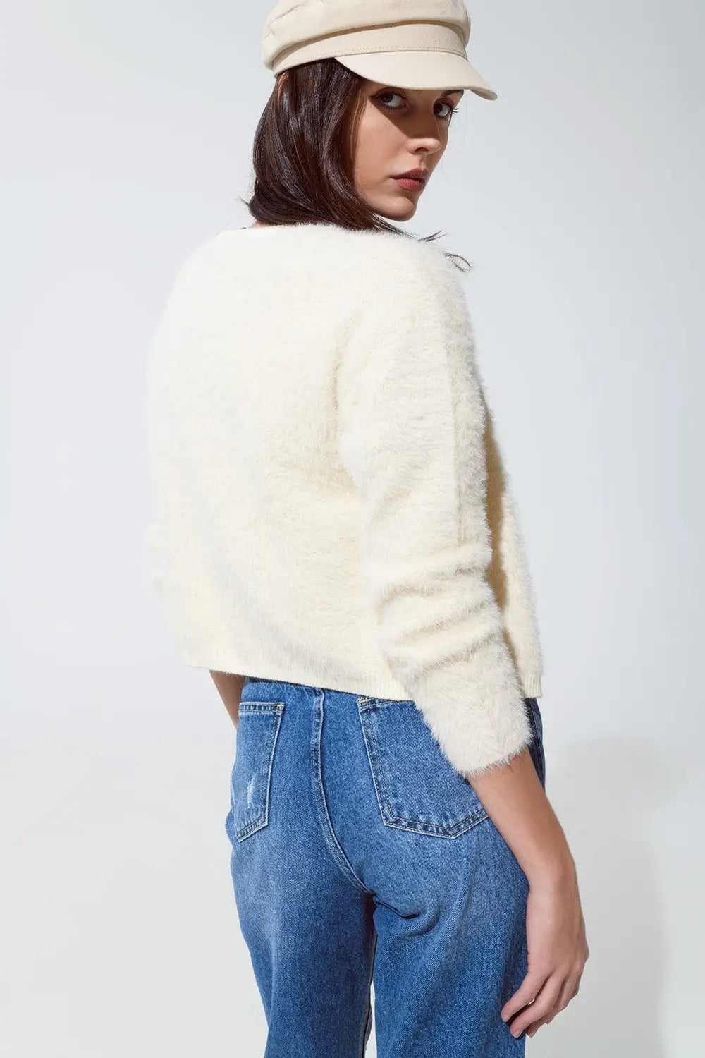 Cardigan creme en peluche et bas argentés - Pulls