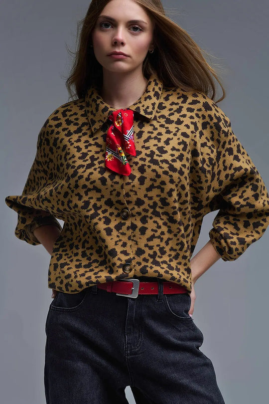 Cardigan décontracté à col polo imprimé guépard - One Size / marron - Pulls