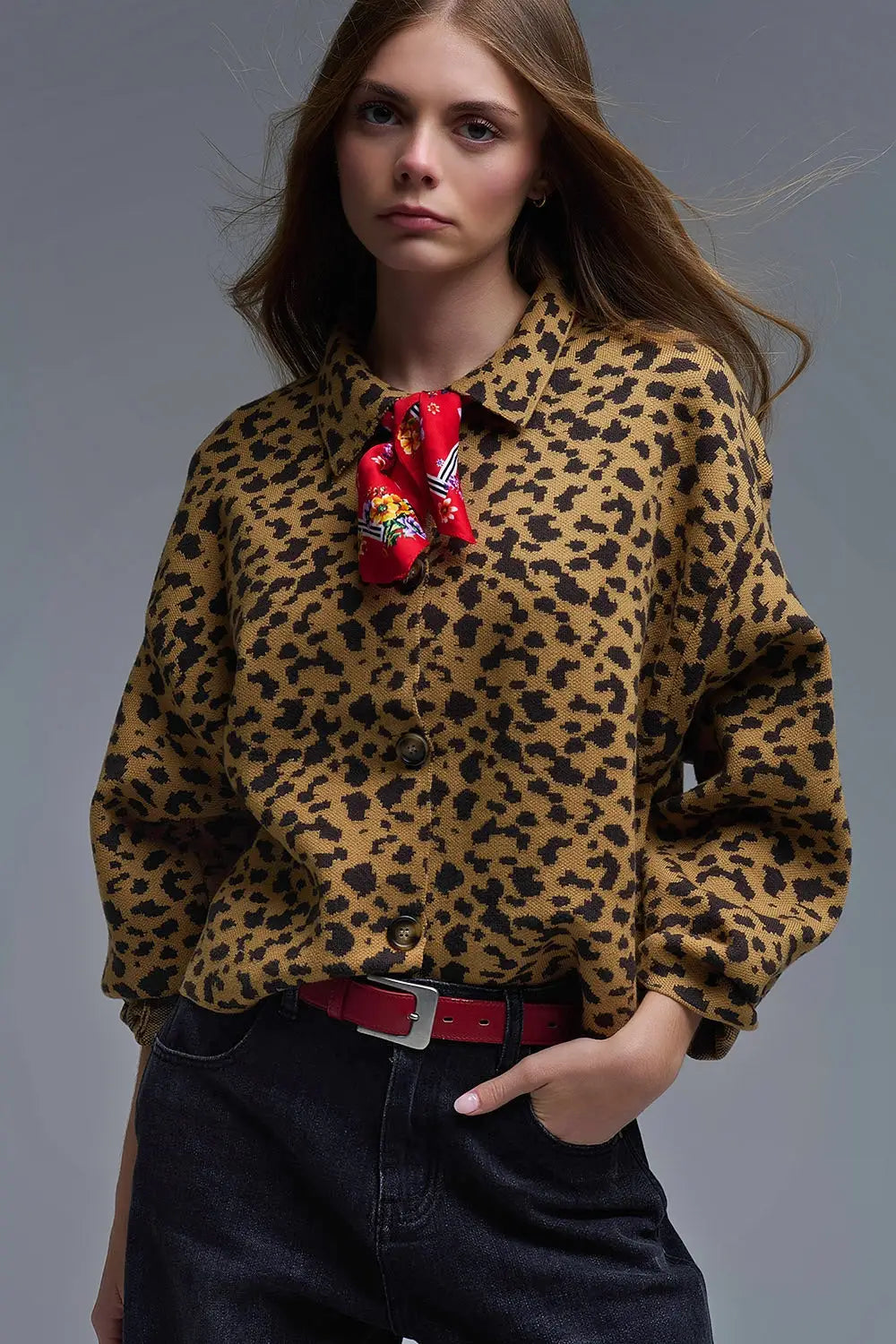 Q2 Cardigan décontracté à col polo imprimé guépard