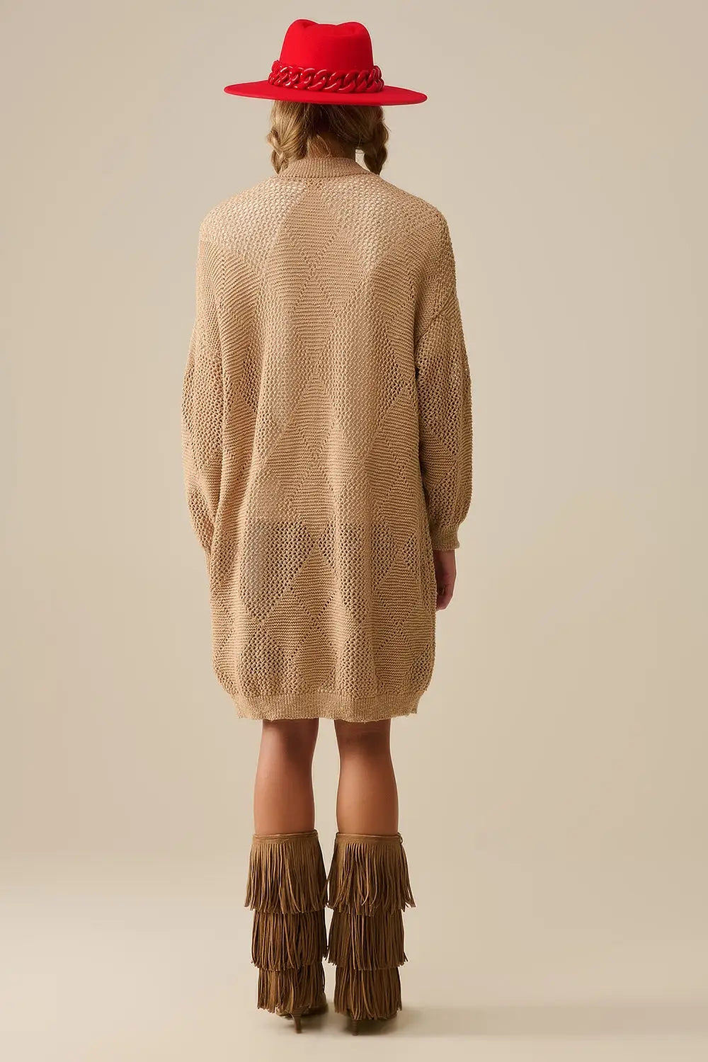 Cardigan drapé camel avec motif au crochet - One Size / beige