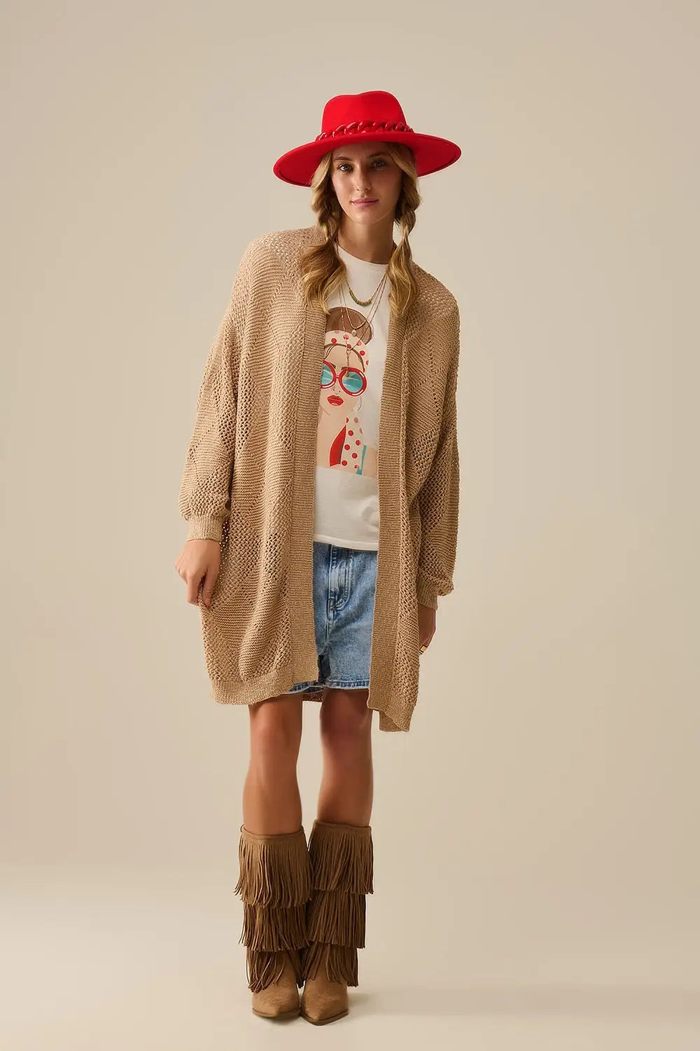 Q2 Cardigan drapé camel avec motif au crochet