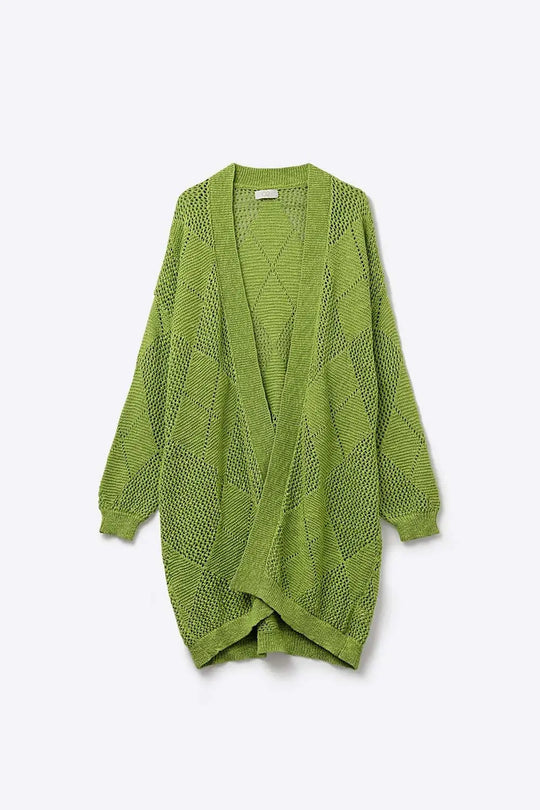 Q2 Cardigan drapé vert citron avec motif au crochet