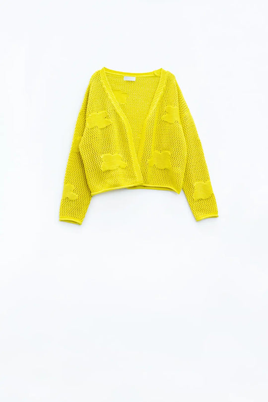 Cardigan en crochet avec nuages en tricot jaune - One Size / jaune - Pulls