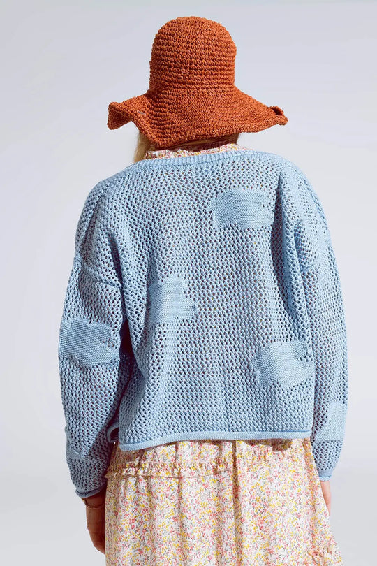 Cardigan en crochet avec nuages tricotés en bleu - One Size / bleu - Pulls
