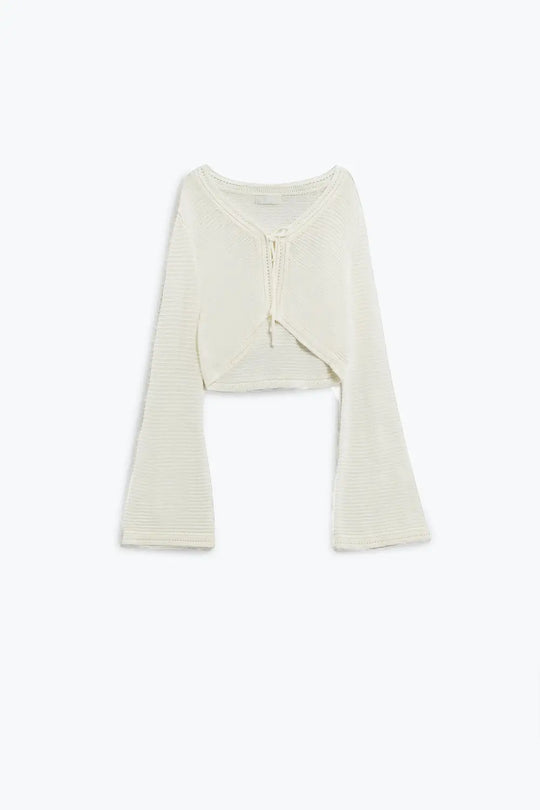 Q2 Cardigan en maille à manches longues et clochettes en blanc avec détails de nœuds