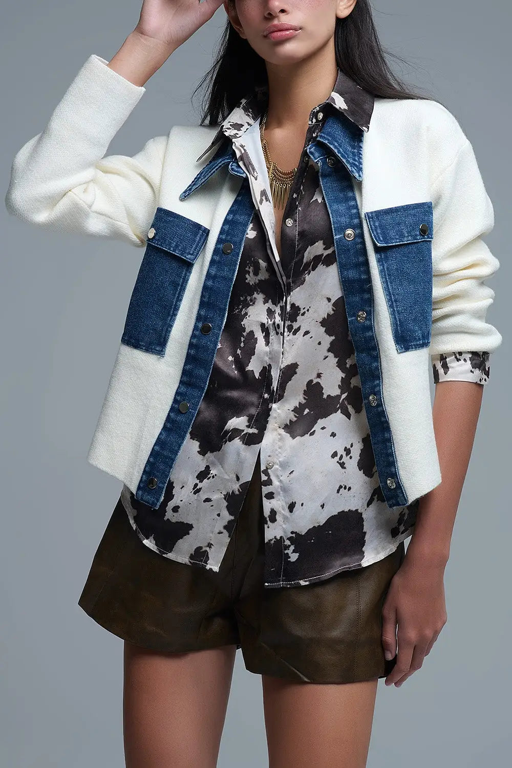Cardigan en maille crème avec détails en denim bleu - One Size / blanc - Vestes