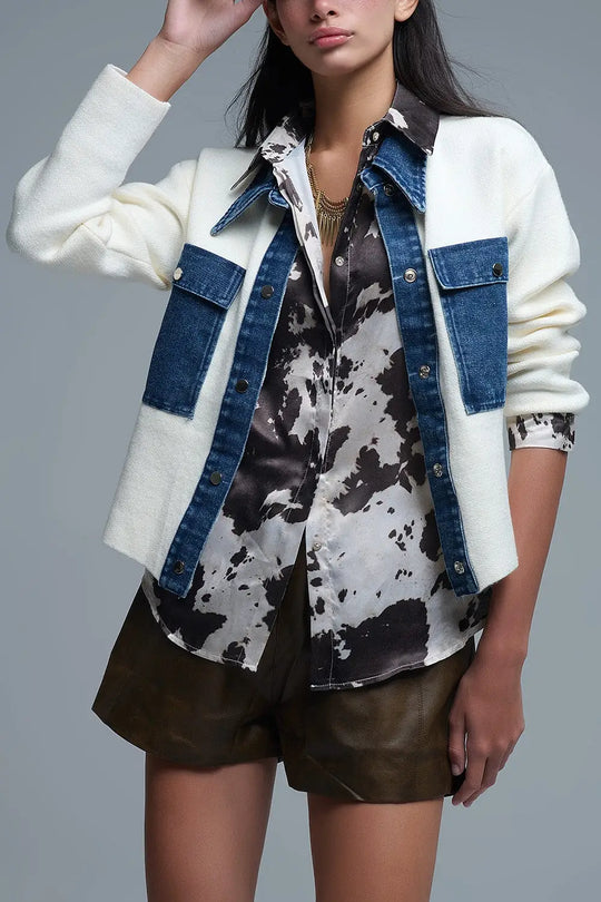 Cardigan en maille crème avec détails en denim bleu - One Size / blanc - Vestes
