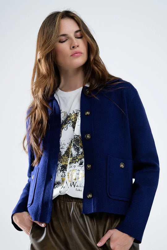 Cardigan en maille douce bleu encre avec poches devant - Pulls