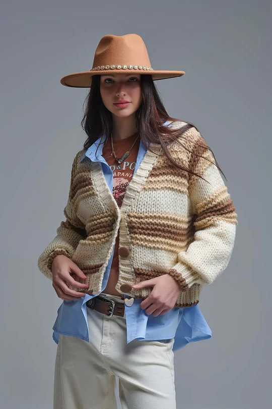 Q2 Cardigan en maille épaisse à col en V rayé de brun et de camel