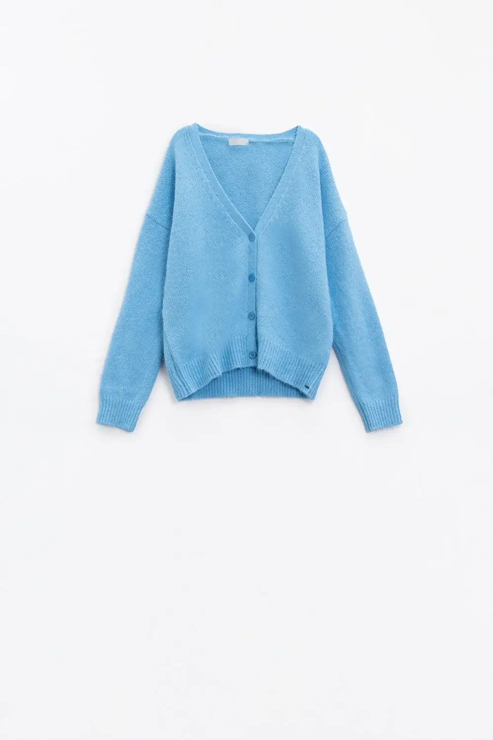 Cardigan en tricot bleu avec large col en V et fermeture à boutons - Pulls