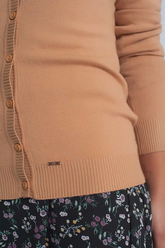 Cardigan en tricot croisé boutonné sur le devant en camel - Pulls