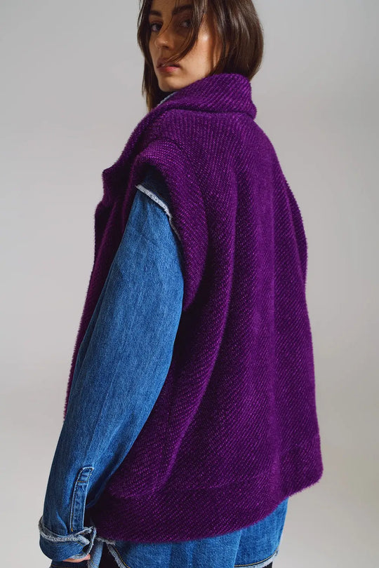 Open Herringbone Gilet with Shawl Style Collard in purple - One Size / Purple - Coats and Jackets