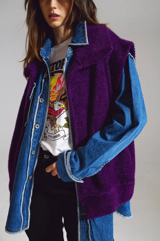 Open Herringbone Gilet with Shawl Style Collard in purple - One Size / Purple - Coats and Jackets
