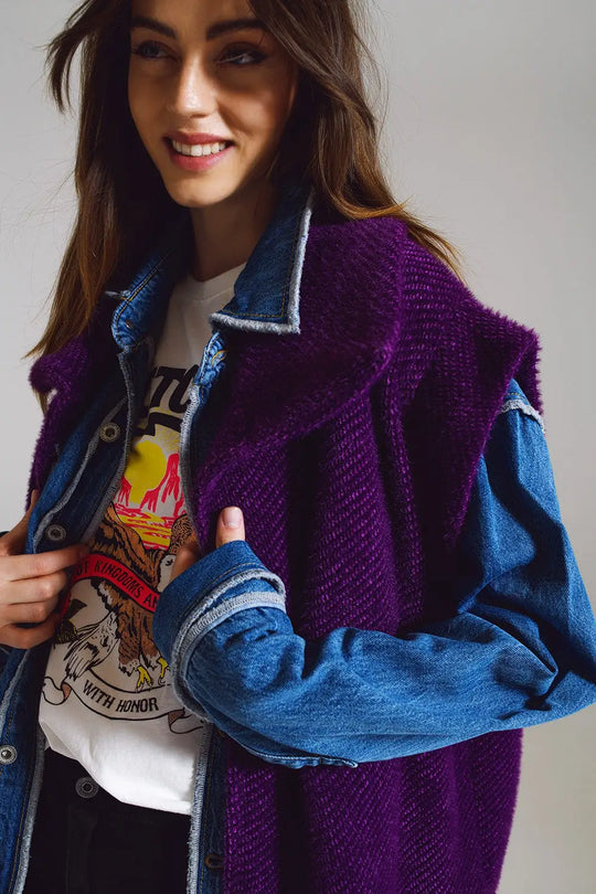 Open Herringbone Gilet with Shawl Style Collard in purple - One Size / Purple - Coats and Jackets