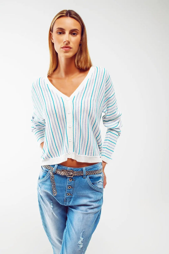 Cardigan léger en tricot à rayures bleues - Pulls