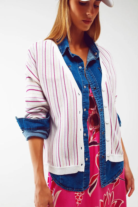 Cardigan léger en tricot à rayures rose - Pulls