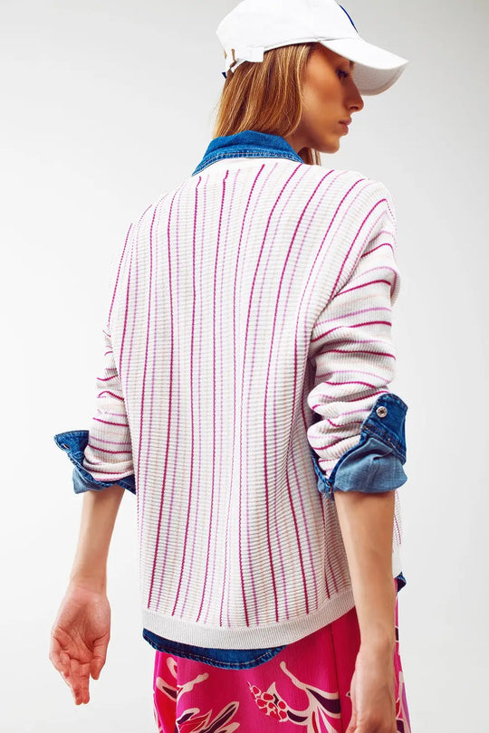Cardigan léger en tricot à rayures rose - Pulls