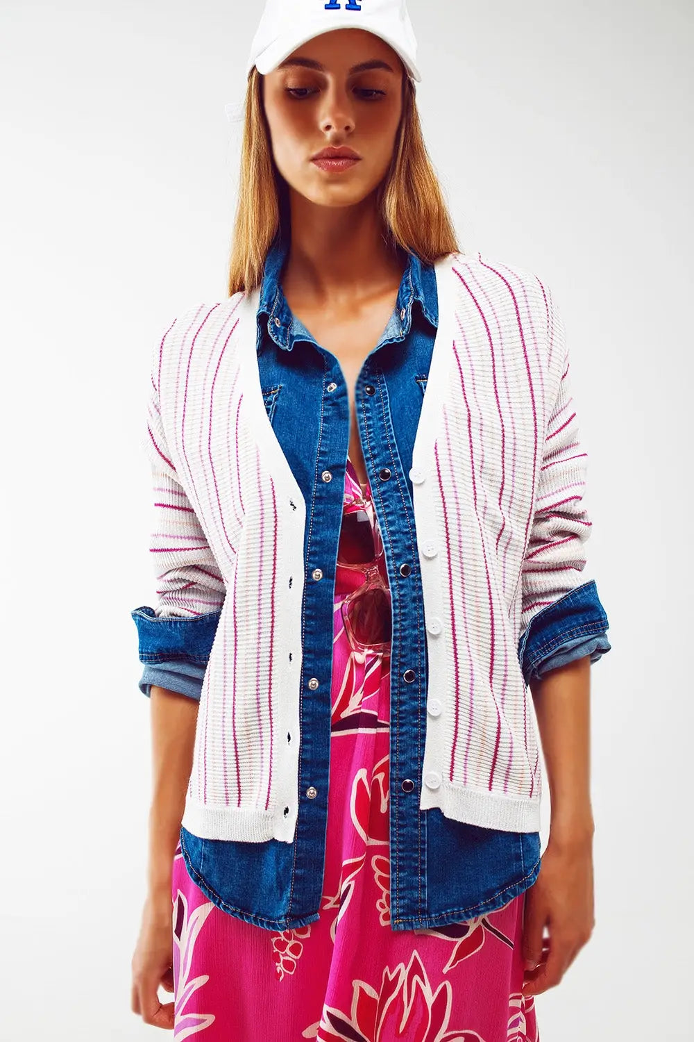 Cardigan léger en tricot à rayures rose - Pulls